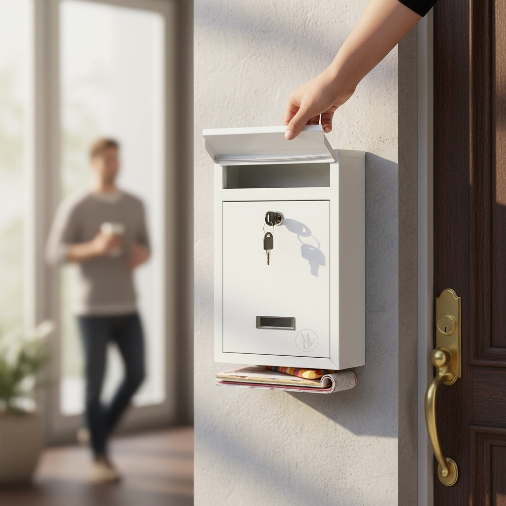 Modovo Wall Mounted White Post Box – Secure Lockable Mailbox with 2 Keys | Weatherproof Steel Letter Box