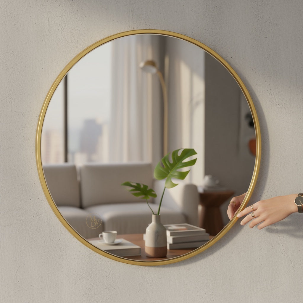 Modovo 40 cm Gold Round Wall Mirror | Modern Aluminium Frame & HD Glass