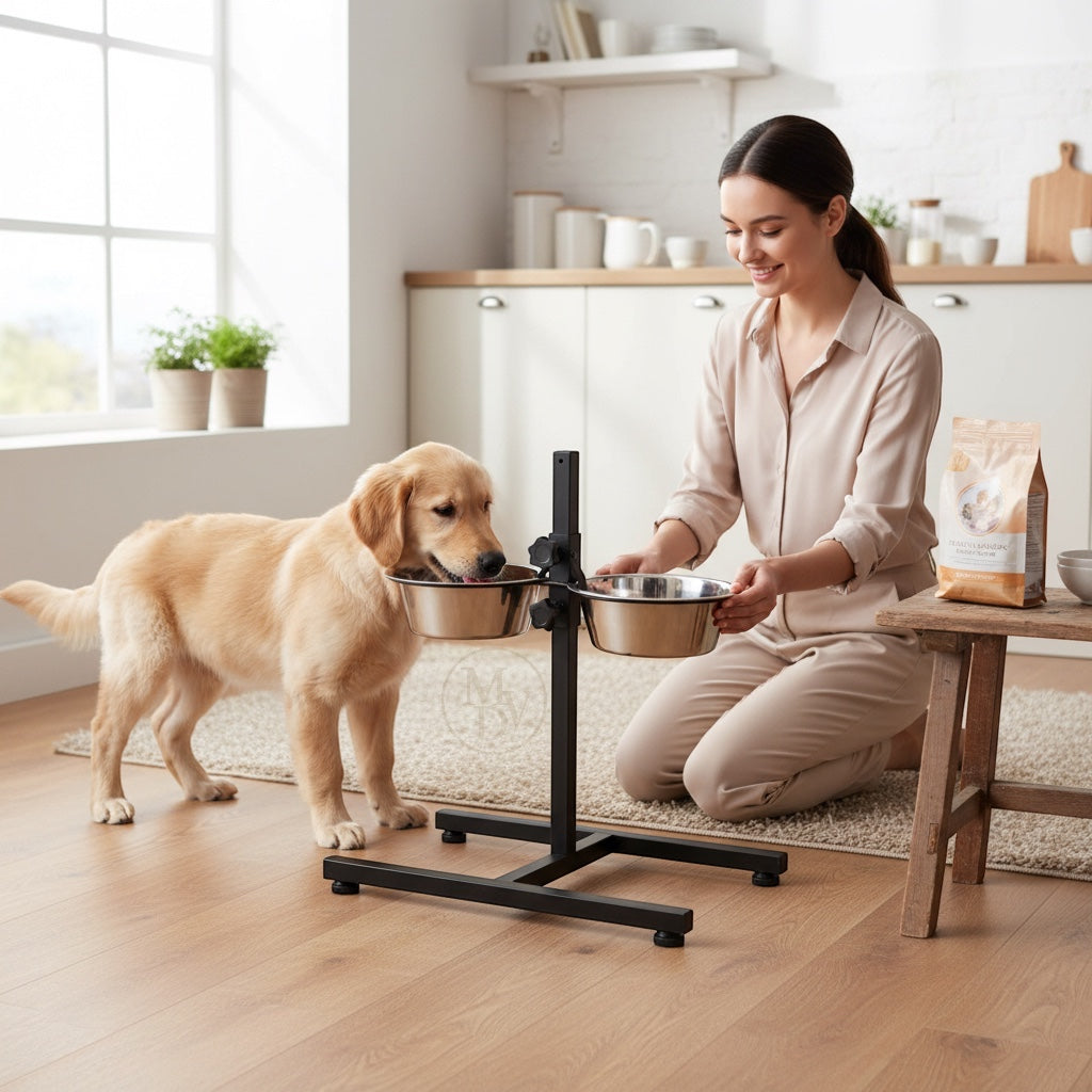 MODOVO Adjustable Elevated Pet Feeder – Raised Dog & Cat Bowl Stand with 2 Stainless Steel Bowls