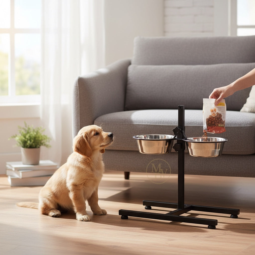 MODOVO Adjustable Elevated Pet Feeder – Raised Dog & Cat Bowl Stand with 2 Stainless Steel Bowls