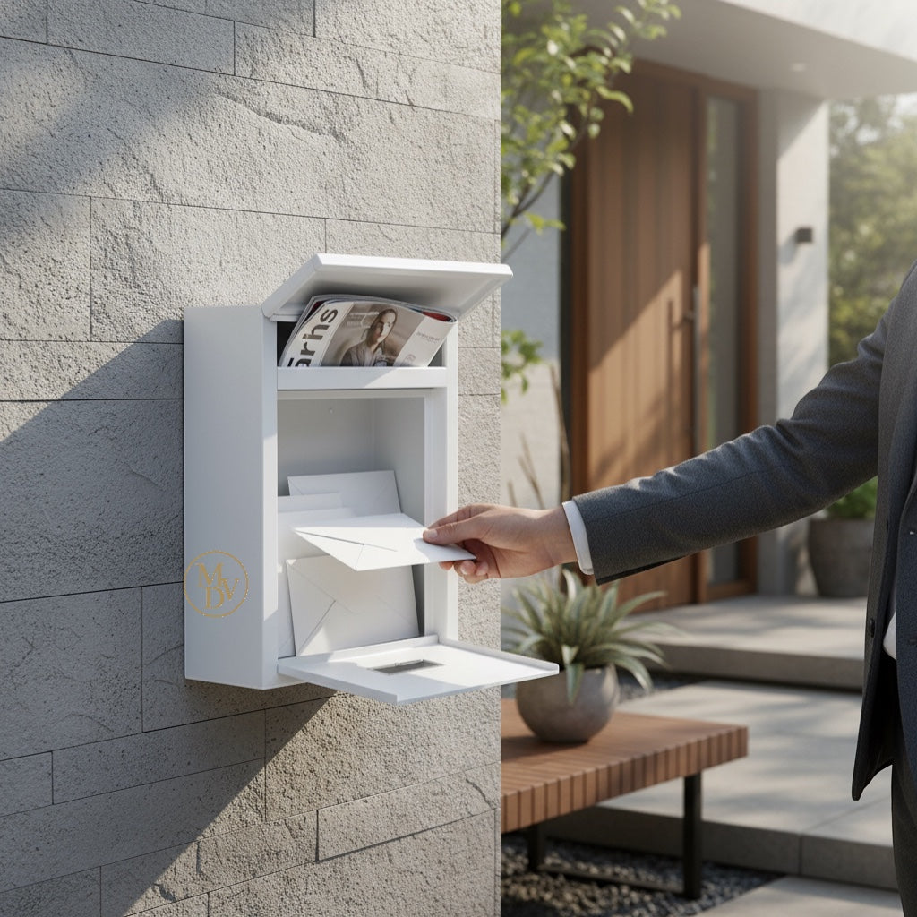 Modovo Wall Mounted White Post Box – Secure Lockable Mailbox with 2 Keys | Weatherproof Steel Letter Box