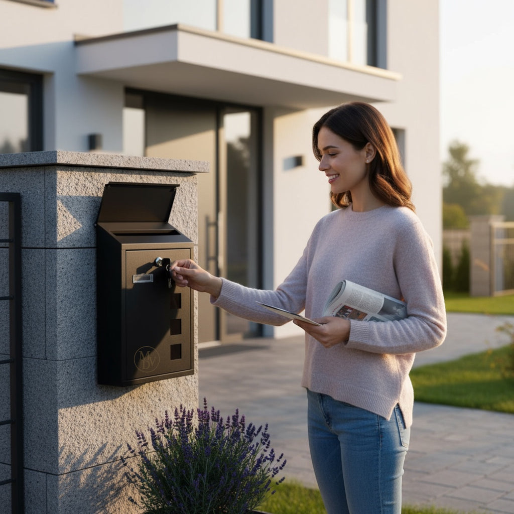 Modovo Black Wall Mounted Post Box | Lockable Weatherproof Mailbox with Viewing Windows
