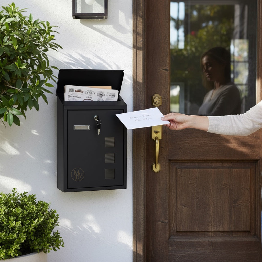 Modovo Black Wall Mounted Post Box | Lockable Weatherproof Mailbox with Viewing Windows