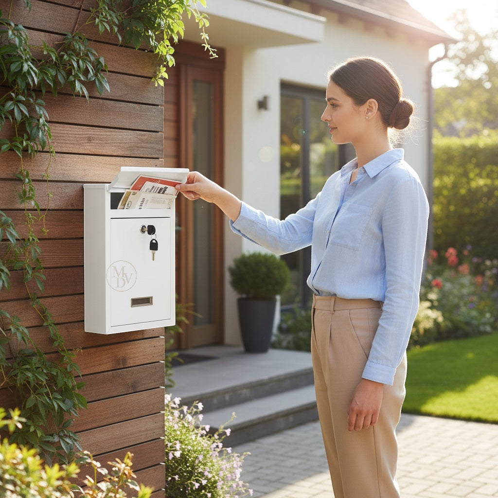 Modovo Wall Mounted White Post Box – Secure Lockable Mailbox with 2 Keys | Weatherproof Steel Letter Box
