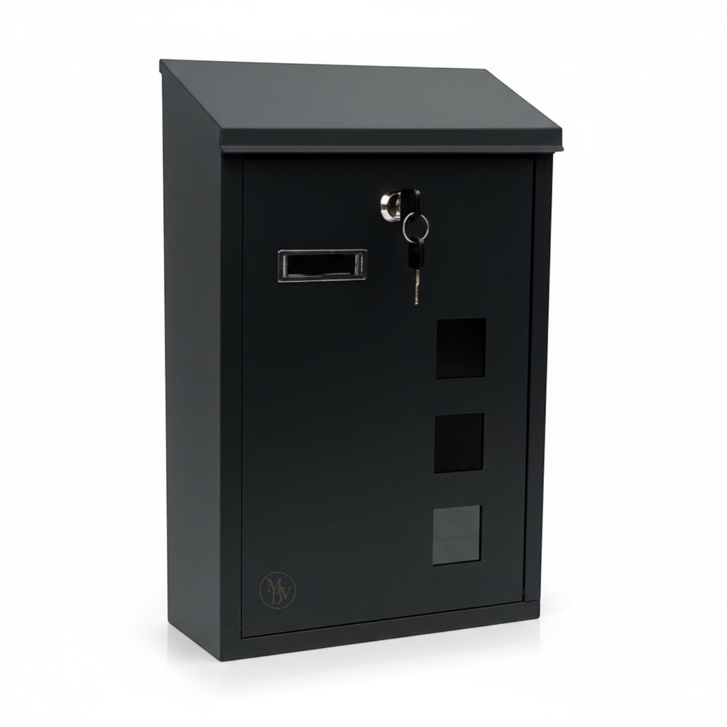 Modovo Black Wall Mounted Post Box | Lockable Weatherproof Mailbox with Viewing Windows