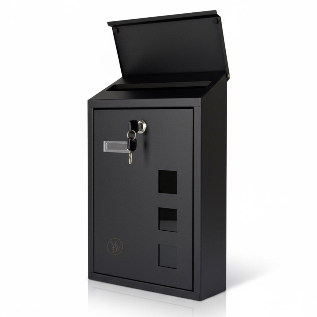Modovo Black Wall Mounted Post Box | Lockable Weatherproof Mailbox with Viewing Windows